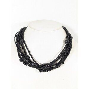 Black Glass Bead Multi Strand Necklace‎ Whimsigoth Goth Statement 19"